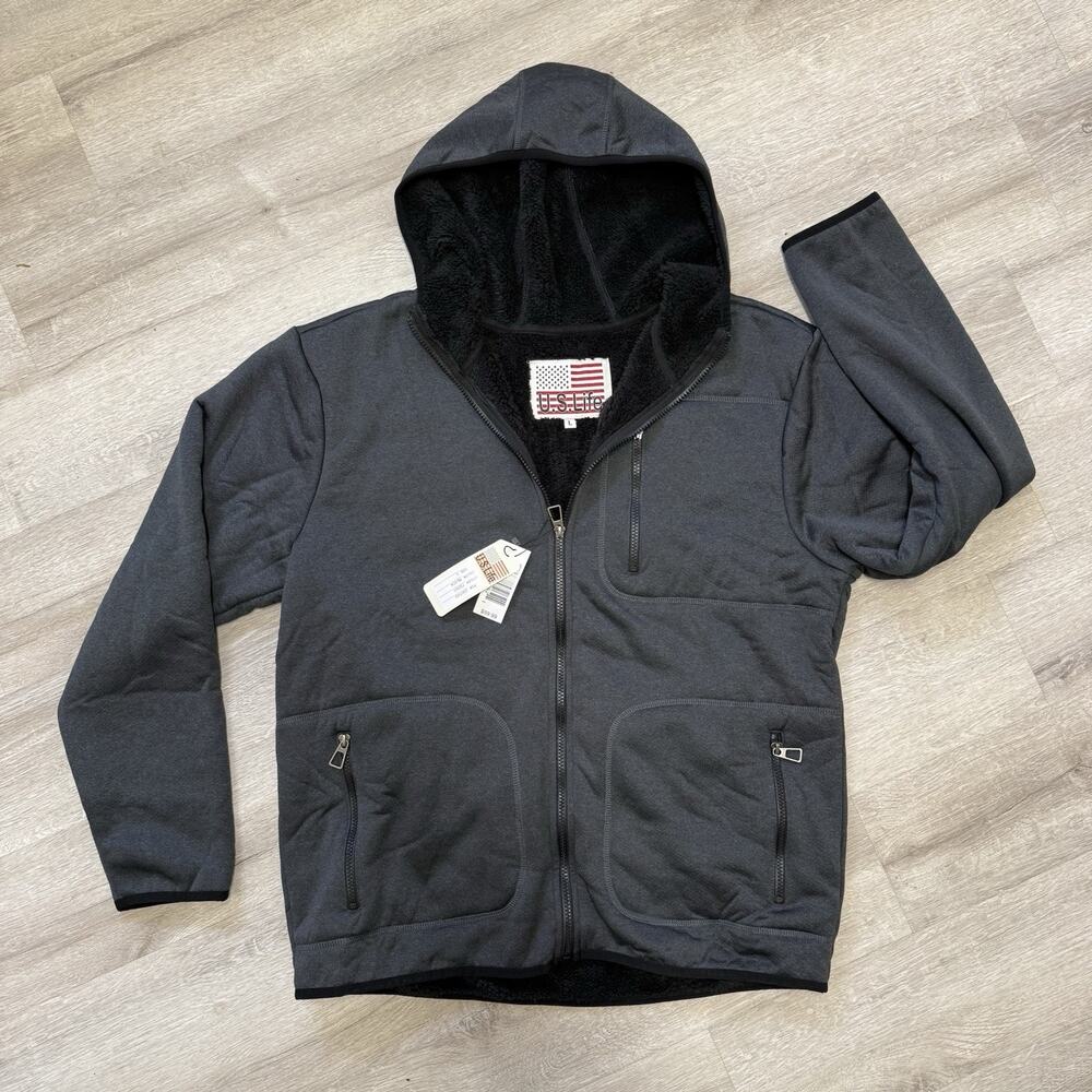 NEW US life Black Melange Stretch Full Zip Hoodie Mens Large Sherpa